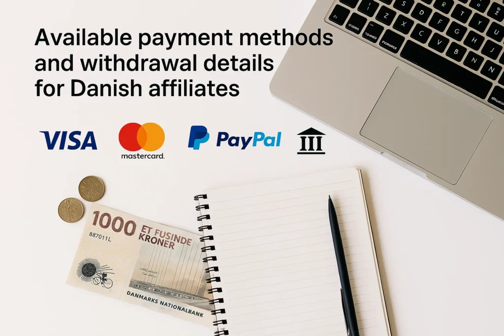 Payment methods for Danish affiliates including VISA, Mastercard, PayPal, bank transfer, and Danish currency on a workspace background.