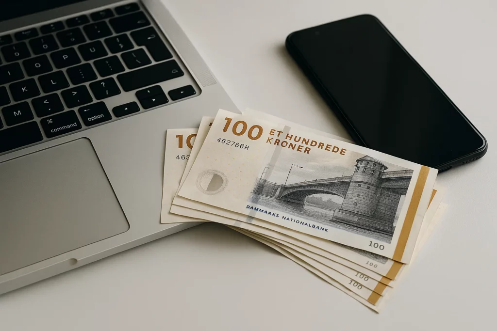 Danish kroner banknotes next to a laptop and smartphone, symbolizing online withdrawals in Denmark.