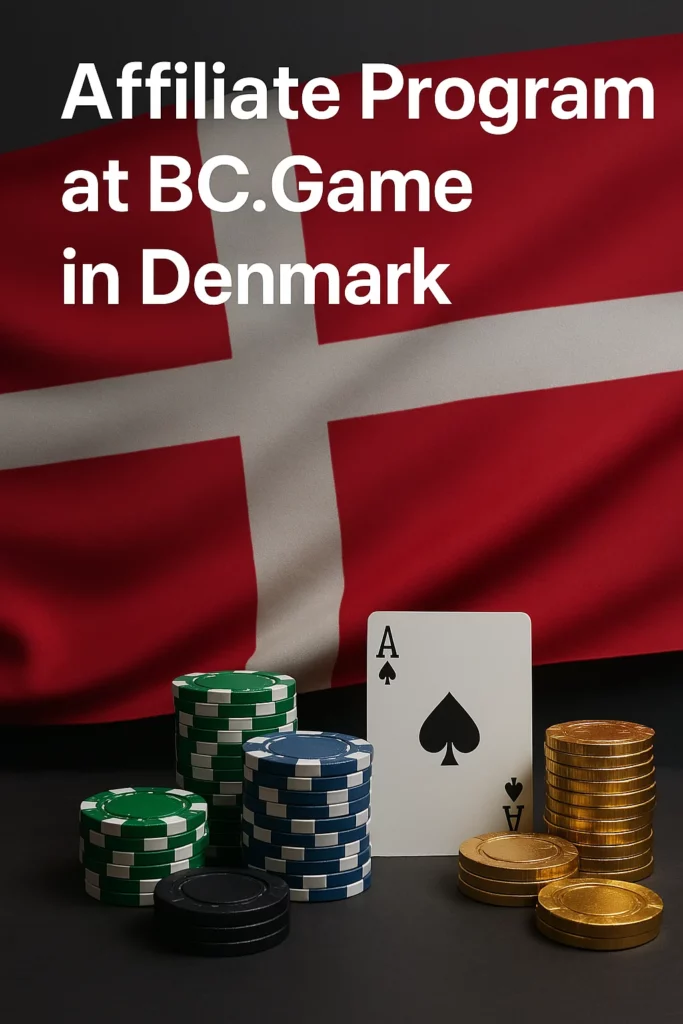 Poker chips, gold coins, and ace of spades card in front of the Danish flag – symbolizing crypto gambling and affiliate earnings in Denmark.