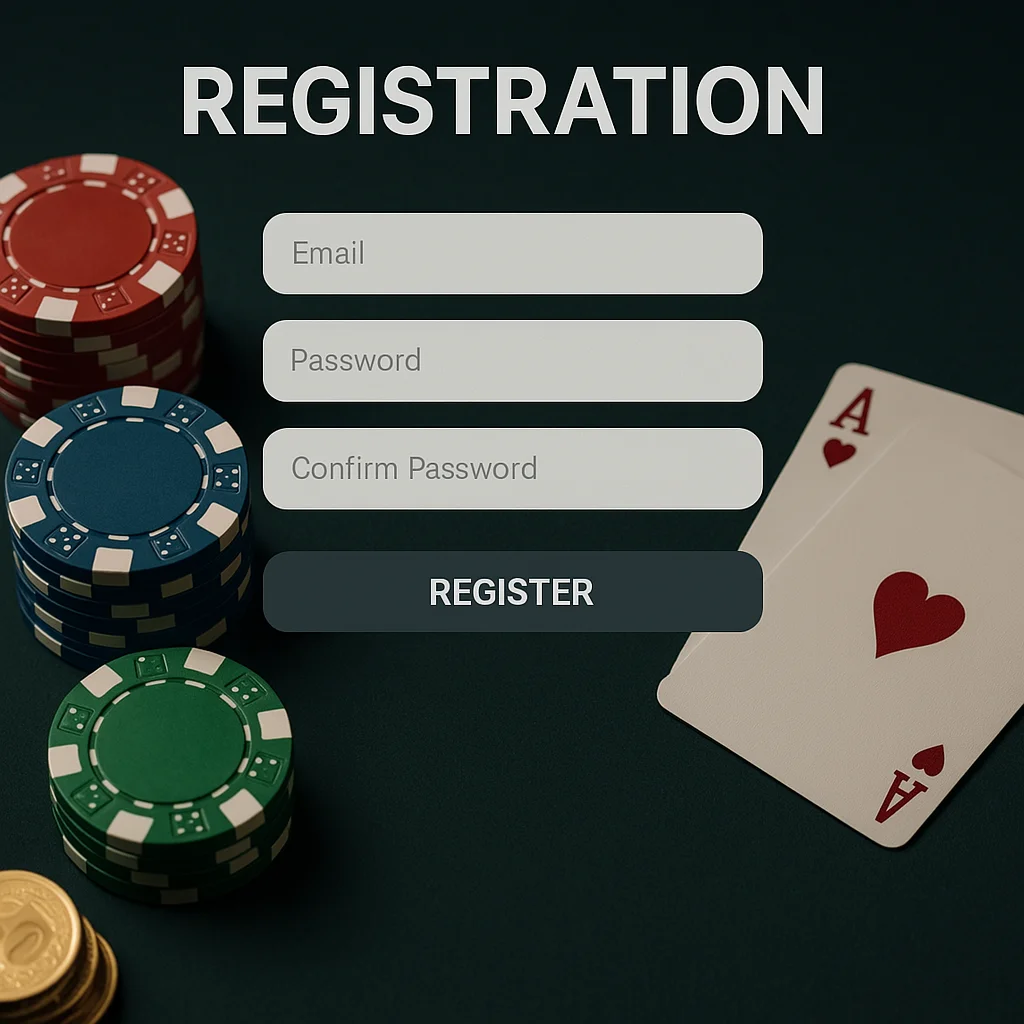 BC.Game registration form showing email and password fields, surrounded by poker chips and an ace of hearts, representing the start of a gaming journey.