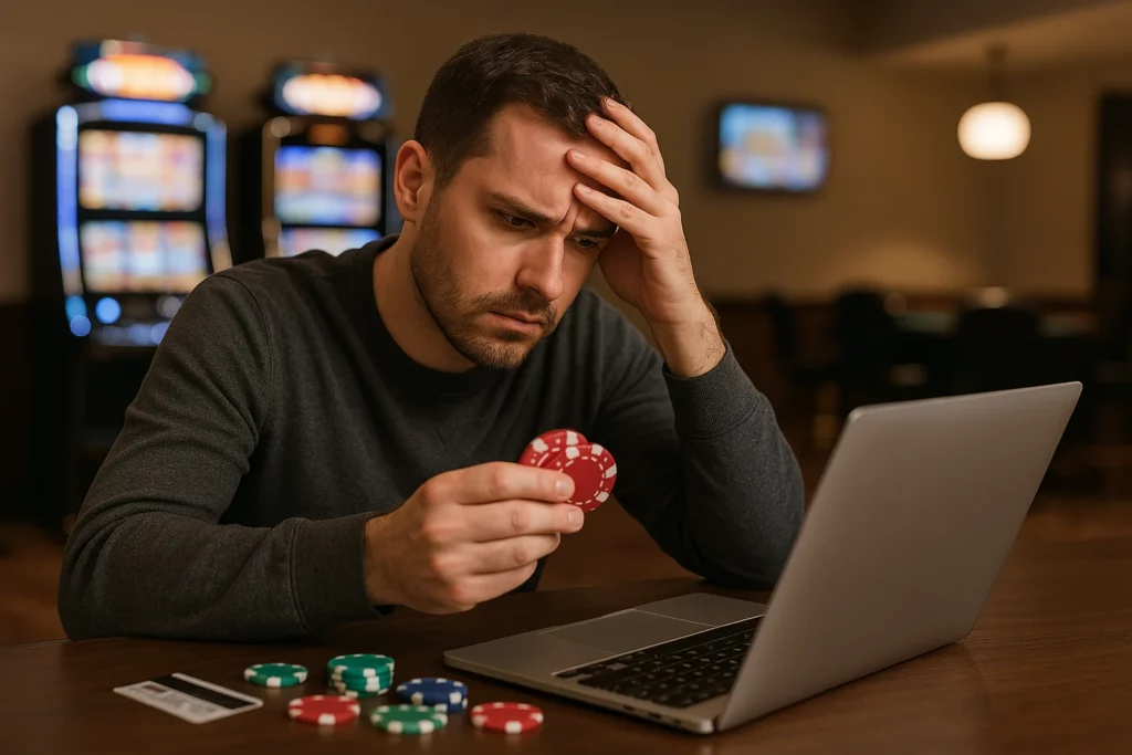 Worried man holding poker chips while using a laptop – illustrating common withdrawal issues faced by players.