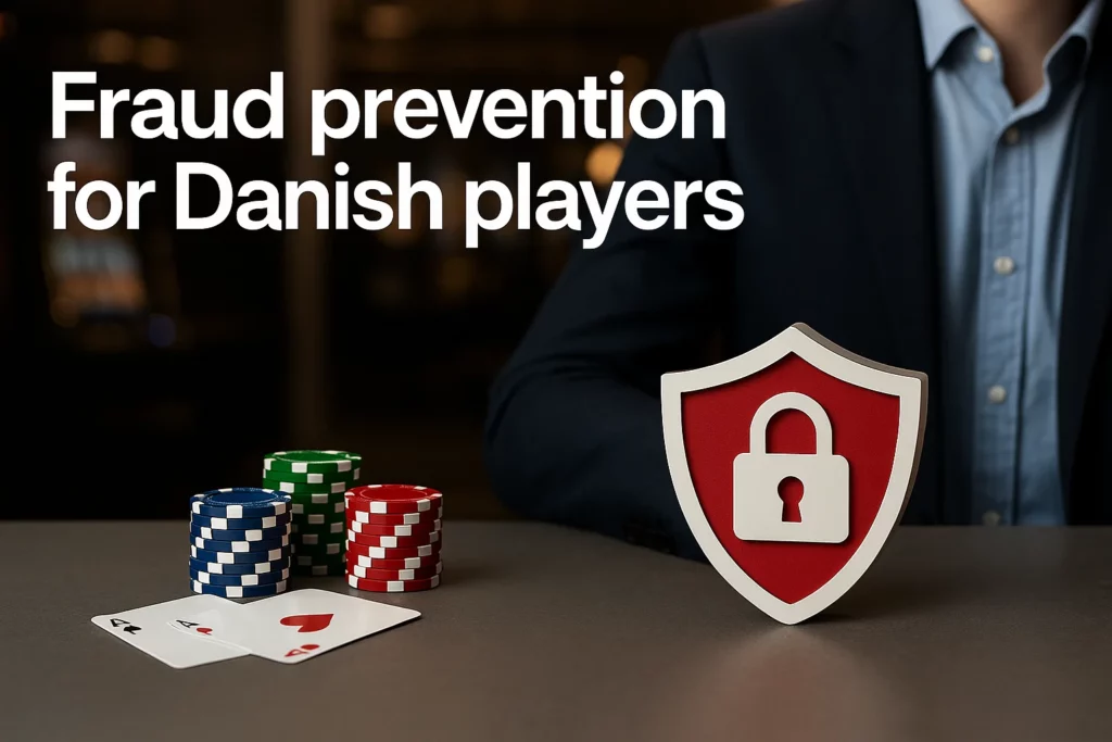 Casino chips, playing cards, and a security shield icon symbolizing fraud prevention for Danish players.