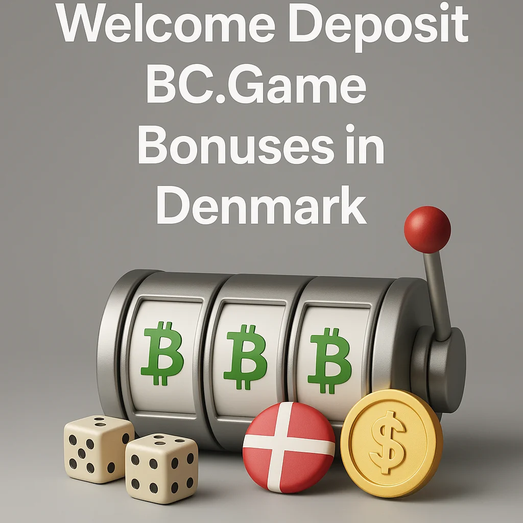 Slot machine showing Bitcoin symbols and casino elements with welcome bonus text for BC.Game in Denmark.