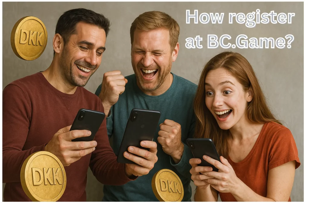 Three excited Danish players celebrating while using their smartphones, with DKK coins floating around — symbolizing successful gameplay on BC.Game.