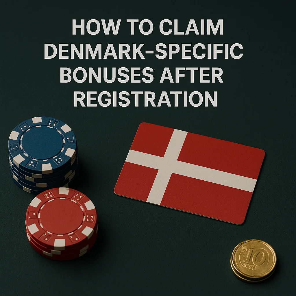 How to claim Denmark-specific bonuses after registration — a visual with the Danish flag, poker chips, and a golden coin.