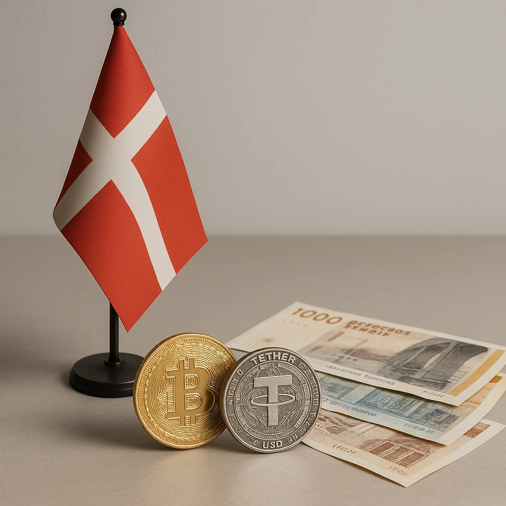 Danish flag with Bitcoin, Tether coins, and Danish currency – representing crypto withdrawals in Denmark.