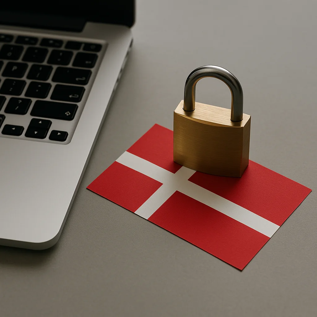 Padlock on the Danish flag next to a laptop – symbolizing secure and protected withdrawal process.